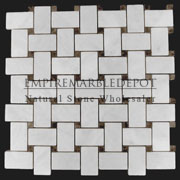 Carrara Marble Italian White Bianco Carrera Basketweave Mosaic Tile with Dark Emperador Dots Polished