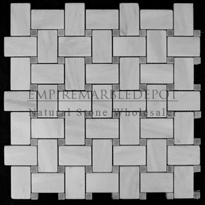 Carrara Marble Italian White Bianco Carrera Basketweave Mosaic Tile with Bardiglio Gray Dots Honed