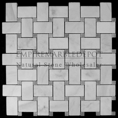 Carrara Marble Italian White Bianco Carrera Basketweave Mosaic Tile with Bardiglio Gray Dots Polished