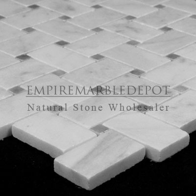 Carrara Marble Italian White Bianco Carrera Basketweave Mosaic Tile with Bardiglio Gray Dots Polished