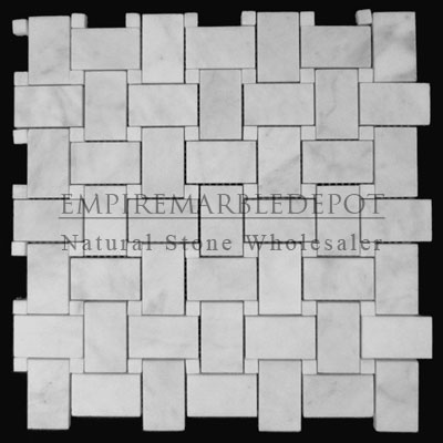 Carrara Marble Italian White Bianco Carrera Basketweave Mosaic Tile with Bianco Carrara Dots Honed