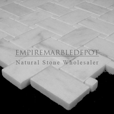 Carrara Marble Italian White Bianco Carrera Basketweave Mosaic Tile with Bianco Carrara Dots Polished