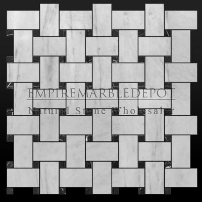 Carrara Marble Italian White Bianco Carrera Basketweave Mosaic Tile with Nero Marquina Black Dots Honed