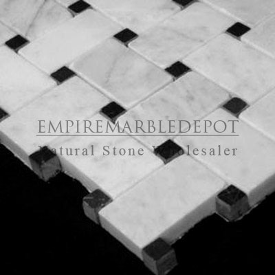 Carrara Marble Italian White Bianco Carrera Basketweave Mosaic Tile with Nero Marquina Black Dots Honed