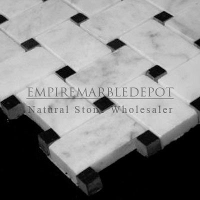 Carrara Marble Italian White Bianco Carrera Basketweave Mosaic Tile with Nero Marquina Black Dots Polished