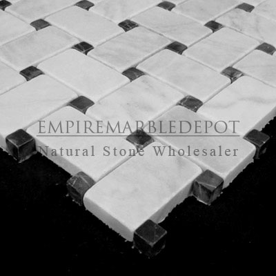 Carrara Marble Italian White Bianco Carrera Basketweave Mosaic Tile with Nero Marquina Black Dots Tumbled