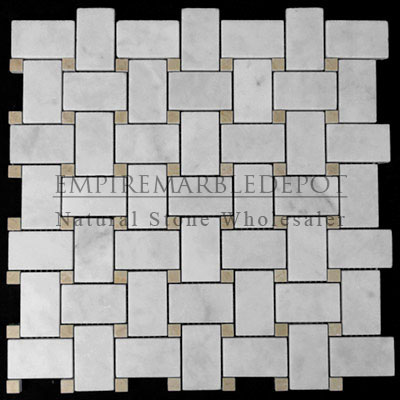 Carrara Marble Italian White Bianco Carrera Basketweave Mosaic Tile with Crema Marfil Dots Polished