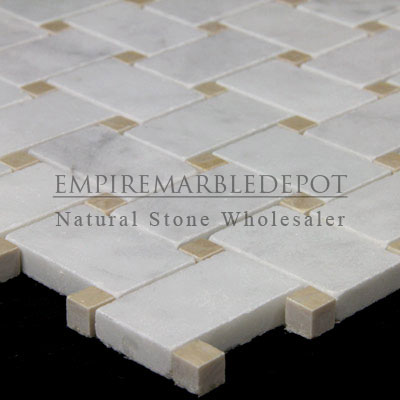 Carrara Marble Italian White Bianco Carrera Basketweave Mosaic Tile with Crema Marfil Dots Polished