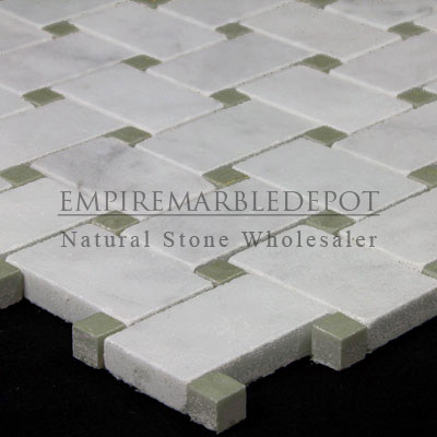 Carrara Marble Italian White Bianco Carrera Basketweave Mosaic Tile with Green Dots Honed