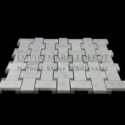 Carrara Marble Italian White Bianco Carrera Basketweave Mosaic Tile with Green Dots Polished