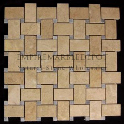 Crema Marfil Marble Basketweave Mosaic Tile with Bardiglio Gray Dots Polished