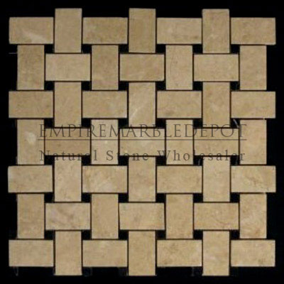 Crema Marfil Marble Basketweave Mosaic Tile with Nero Marquina Black Dots Polished