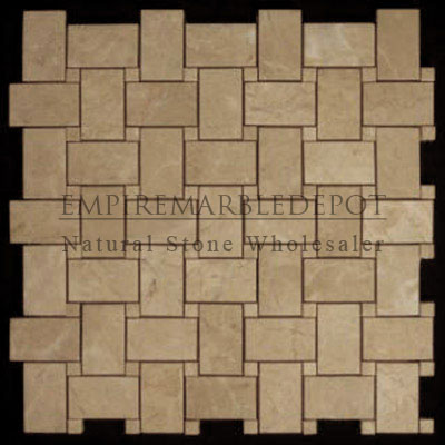 Crema Marfil Marble Basketweave Mosaic Tile with Crema Marfil Dots Polished