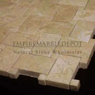 Crema Marfil Marble Basketweave Mosaic Tile with Crema Marfil Dots Polished