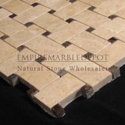 Crema Marfil Marble Basketweave Mosaic Tile with Dark Emperador Dots Polished