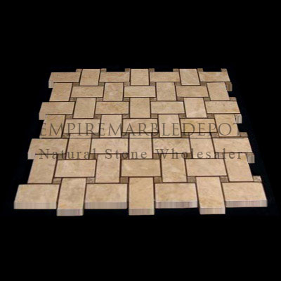 Crema Marfil Marble Basketweave Mosaic Tile with Light Emperador Dots Polished