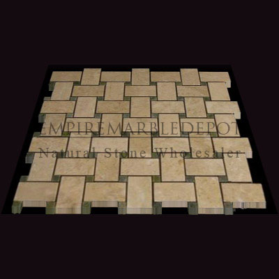 Crema Marfil Marble Basketweave Mosaic Tile with Green Dots Polished