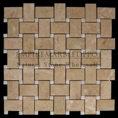 Crema Marfil Marble Basketweave Mosaic Tile with Thassos White Dots Polished