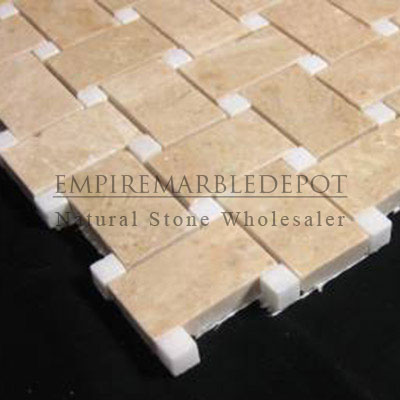 Crema Marfil Marble Basketweave Mosaic Tile with Thassos White Dots Polished