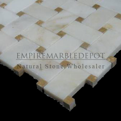 Afyon Gold Sugar Marble Basketweave Mosaic Tile with Golden Tobacco Dots Polished