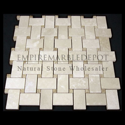 Botticino Marble Basketweave Mosaic Tile with Dark Emperador Dots Polished
