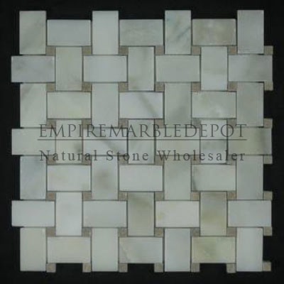 Calacatta Gold Oro Marble Basketweave Mosaic Tile with Pistachio Green Dots Polished