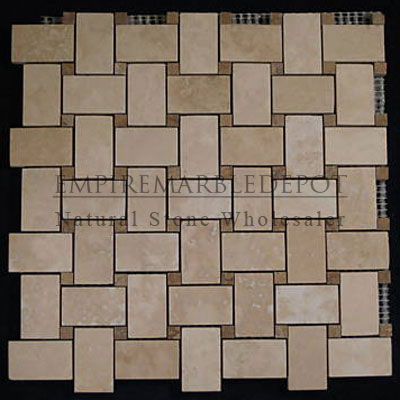 Classic Ivory Travertine Basketweave Mosaic Tile with Noce Travertine Dots Polished