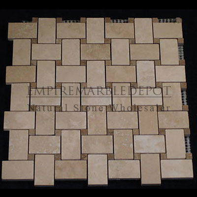 Classic Ivory Travertine Basketweave Mosaic Tile with Noce Travertine Dots Polished