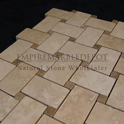 Classic Ivory Travertine Basketweave Mosaic Tile with Noce Travertine Dots Polished