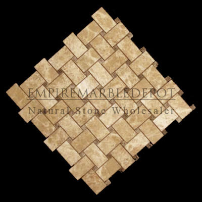 Light Emperador Marble Basketweave Mosaic Tile with Dark Emperador Dots Polished