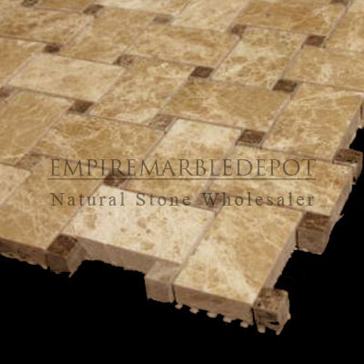 Light Emperador Marble Basketweave Mosaic Tile with Dark Emperador Dots Polished