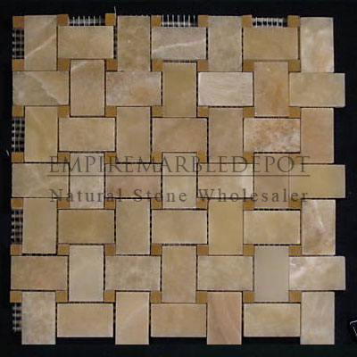 Honey Onyx Basketweave Mosaic Tile with Golden Tobacco Dots Polished