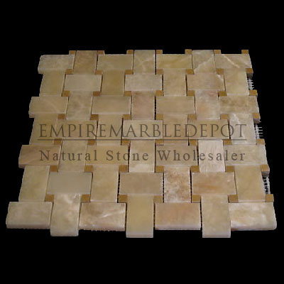 Honey Onyx Basketweave Mosaic Tile with Golden Tobacco Dots Polished