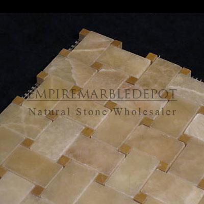 Honey Onyx Basketweave Mosaic Tile with Golden Tobacco Dots Polished