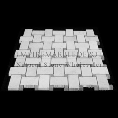Statuary Crystal Marble Italian White Statuario Basketweave Mosaic Tile with Bardiglio Gray Dots Honed