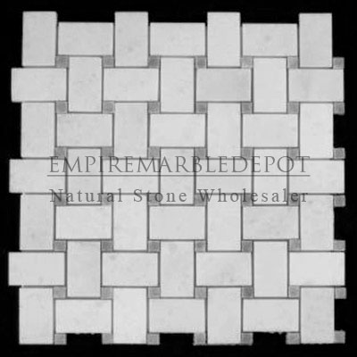 Statuary Crystal Marble Italian White Statuario Basketweave Mosaic Tile with Bardiglio Gray Dots Polished