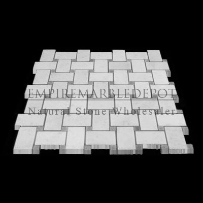 Statuary Crystal Marble Italian White Statuario Basketweave Mosaic Tile with Bardiglio Gray Dots Polished