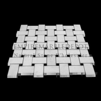 Statuary Crystal Marble Italian White Statuario Basketweave Mosaic Tile with Nero Marquina Black Dots Honed