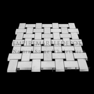 Statuary Crystal Marble Italian White Statuario Basketweave Mosaic Tile with Nero Marquina Black Dots Polished
