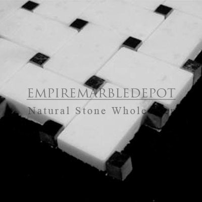 Statuary Crystal Marble Italian White Statuario Basketweave Mosaic Tile with Nero Marquina Black Dots Polished