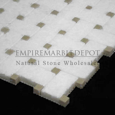 Statuary Crystal Marble Italian White Statuario Basketweave Mosaic Tile with Crema Marfil Dots Polished