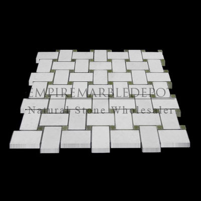 Statuary Crystal Marble Italian White Statuario Basketweave Mosaic Tile with Green Dots Polished