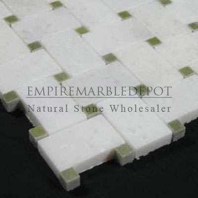 Statuary Crystal Marble Italian White Statuario Basketweave Mosaic Tile with Green Dots Polished