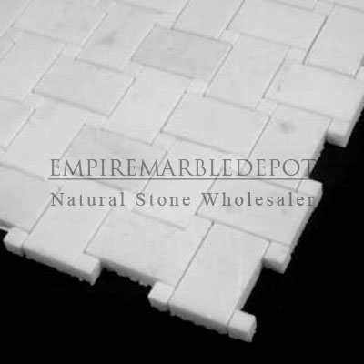 Statuary Crystal Marble Italian White Statuario Basketweave Mosaic Tile with Statuario Dots Polished